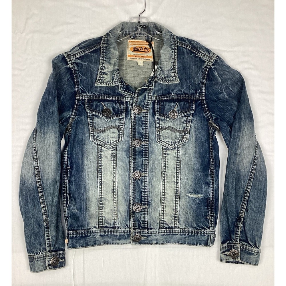 Rivet de Cru Classic Denim Jacket Long Sleeve Button Distressed Men's Small, NWT